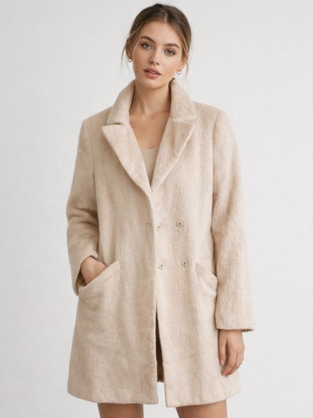 Topshop | Cream Faux Fur Brushed Teddy Coat
